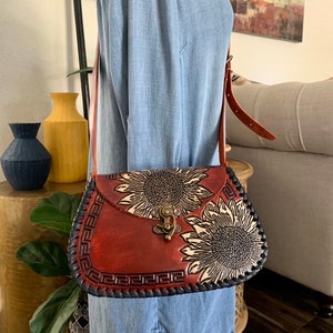 Leather Hand-Tooled Embossed Mexican Floral Handbag, Handmade Sunflower Purse, Artesanal Bag image 5