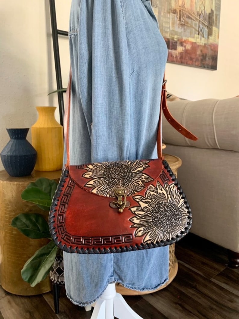 Leather Hand-Tooled Embossed Mexican Floral Handbag, Handmade Sunflower Purse, Artesanal Bag image 5