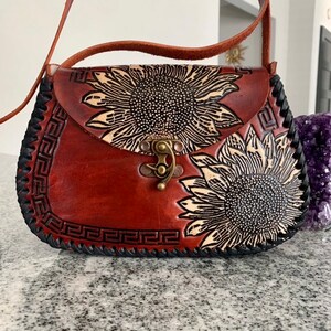Leather Hand-Tooled Embossed Mexican Floral Handbag, Handmade Sunflower Purse, Artesanal Bag