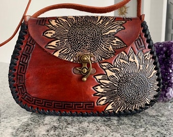 Leather Hand-Tooled Embossed Mexican Floral Handbag, Handmade Sunflower Purse, Artesanal Bag