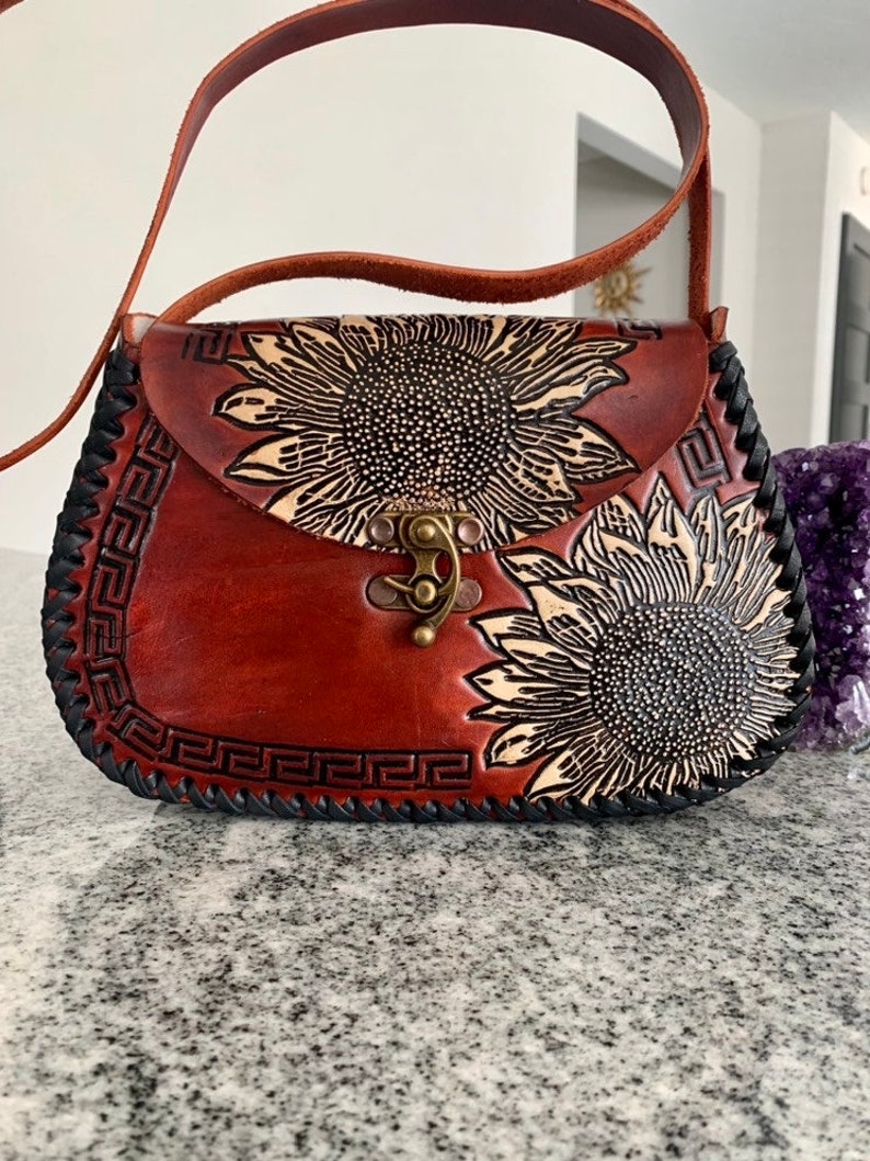 Leather Hand-Tooled Embossed Mexican Floral Handbag, Handmade Sunflower Purse, Artesanal Bag image 1