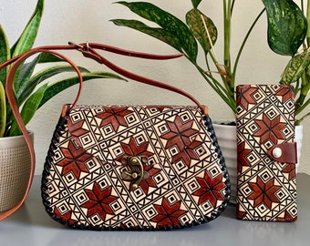 Sac à main floral mexicain en cuir repoussé à la main et portefeuille assorti, sac à main Pointsetta fait main, sac artisanal, cadeau de Noël pour elle