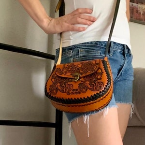 Hand-Tooled Leather Orange Floral Purse, Handmade Mexican Bag, Artesanal image 10