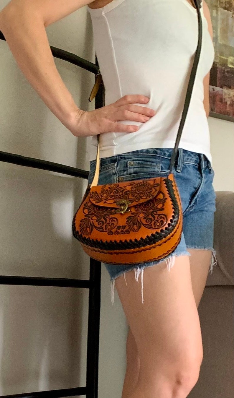 Hand-Tooled Leather Orange Floral Purse, Handmade Mexican Bag, Artesanal image 10