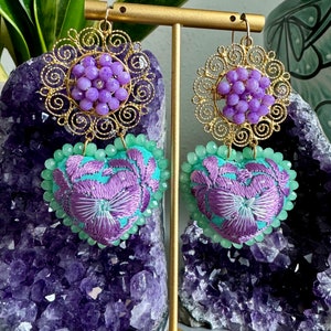 Embroidered Heart Earrings, Traditional Mexican Earrings, Porcelain Earrings, Artesania Mexicana