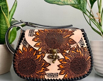 Leather Hand-Tooled Embossed Mexican Floral Handbag, Handmade Sunflower Purse, Artesanal Bag