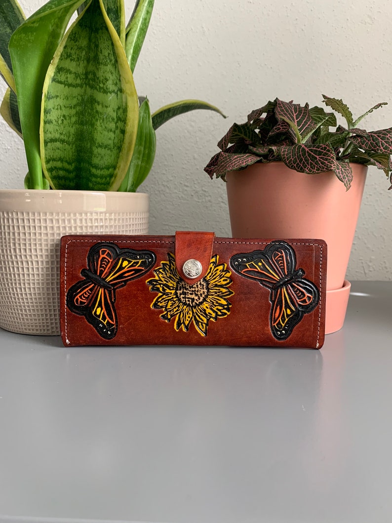 Hand Tooled Leather Wallet, Genuine Handmade Artisan Leather Sunflower and Butterfly Wallet, Mexican Moderno De Piel image 5