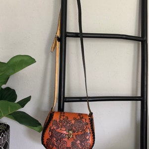 Hand-Tooled Leather Orange Floral Purse, Handmade Mexican Bag, Artesanal image 7