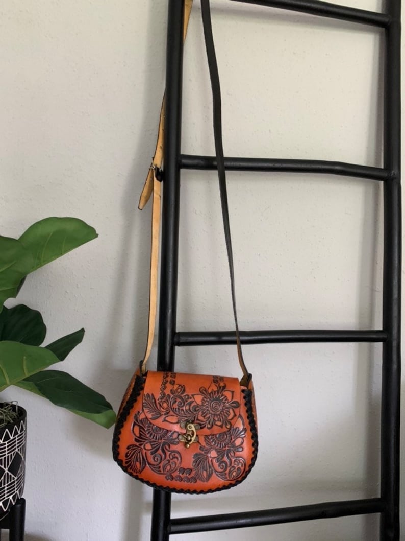 Hand-Tooled Leather Orange Floral Purse, Handmade Mexican Bag, Artesanal image 7