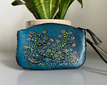 Hand-Tooled Embossed Leather Floral Wristlet, Genuine Mexican Leather Bag