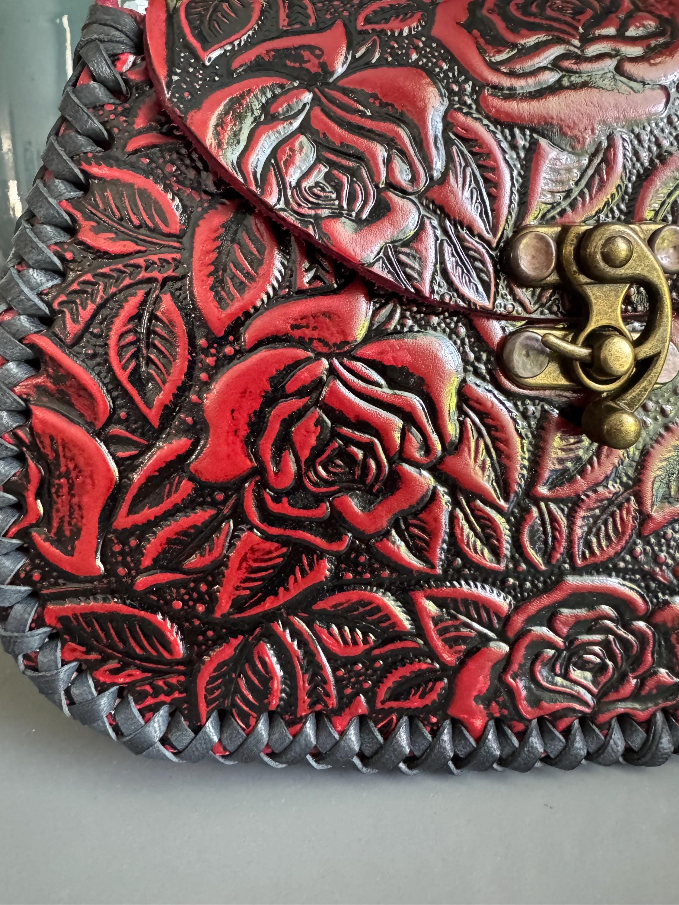 革製、手彫りエンボス加工、メキシカンフローラルハンドバッグ、手作り 