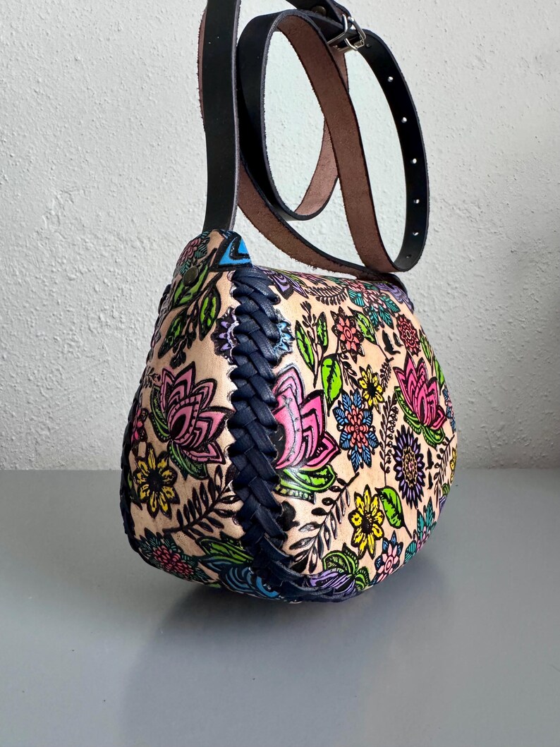 Hand Tooled Leather Crossbody Purse – Floral Mexican Artisan Bag, Adjustable Strap image 8