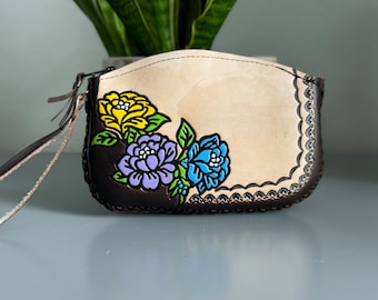 Hand-Tooled Embossed Leather Floral Wristlet, Genuine Mexican Leather Bag