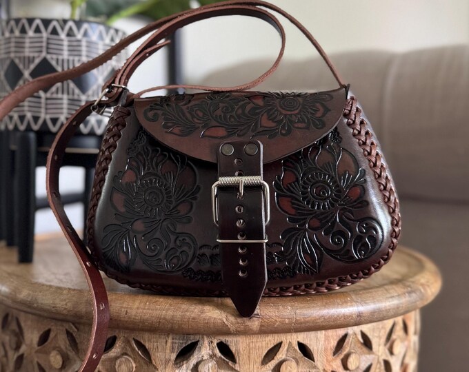Leather Hand-Tooled Embossed Mexican Floral Purse, Handmade Handbag, Artesanal