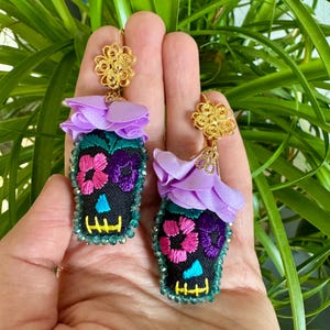 Embroidered Sugarskull Earrings, Traditional Mexican Dia De Los Muertos Joyeria, Halloween Earrings and Necklace Jewelry, Artesania Mexicana