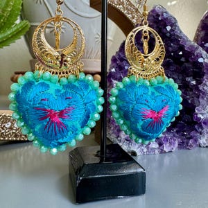 Embroidered Heart Earrings, Traditional Mexican Earrings, Filigree Earrings, Artesania MexicanaFiligrana, Valentines, Mothers Day Gift