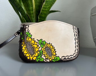 Hand-Tooled Embossed Leather Floral Sunflower Wristlet, Genuine Mexican Leather Bag