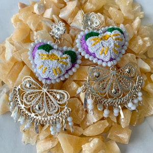 Embroidered Heart Earrings, Traditional Mexican Earrings, Porcelain Earrings, Artesania Mexicana