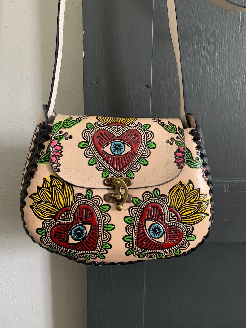 Hand-Tooled Embossed Mexican Leather Floral Purse, Evil Eye Handmade Leather handbag, Hand painted Mal De Ojo, Artesanal image 1