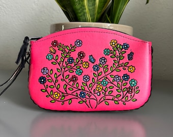 Hand-Tooled Embossed Leather Floral Wristlet, Genuine Mexican Leather Bag