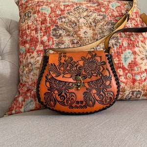 Hand-Tooled Leather Orange Floral Purse, Handmade Mexican Bag, Artesanal image 6