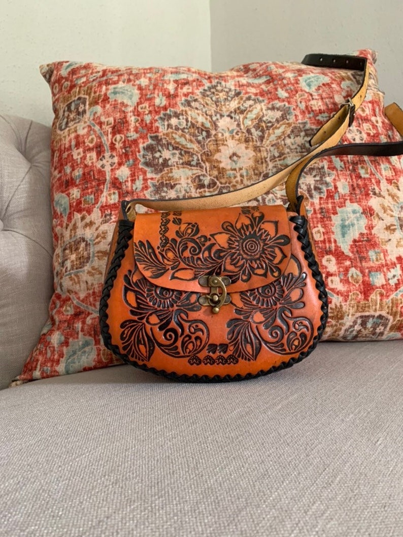Hand-Tooled Leather Orange Floral Purse, Handmade Mexican Bag, Artesanal image 6