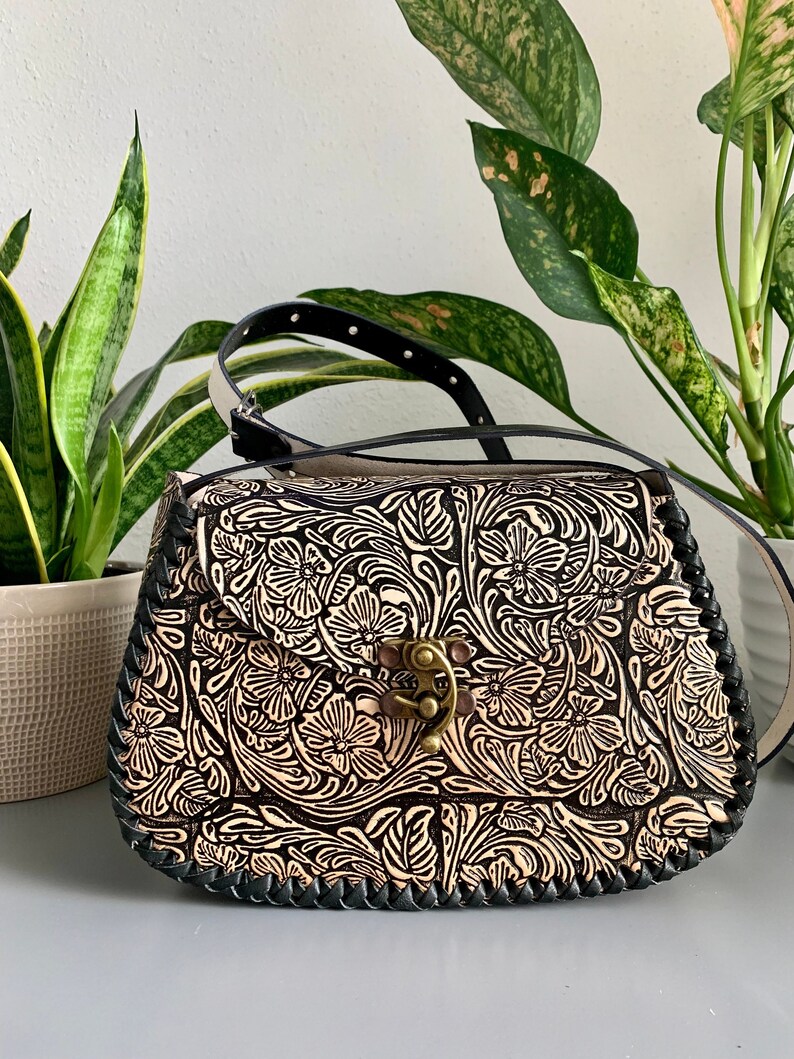 Leather Hand-Tooled Embossed Mexican Floral Handbag, Handmade Rose Purse, Artesanal Bag image 1