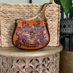 Hand-Tooled Leather Orange Floral Purse, Handmade Mexican Bag, Artesanal image 2