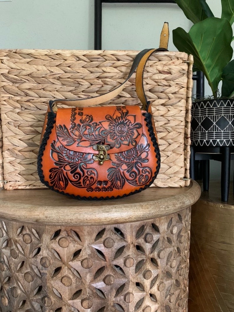 Hand-Tooled Leather Orange Floral Purse, Handmade Mexican Bag, Artesanal image 2