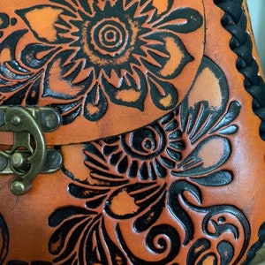 Hand-Tooled Leather Orange Floral Purse, Handmade Mexican Bag, Artesanal image 3