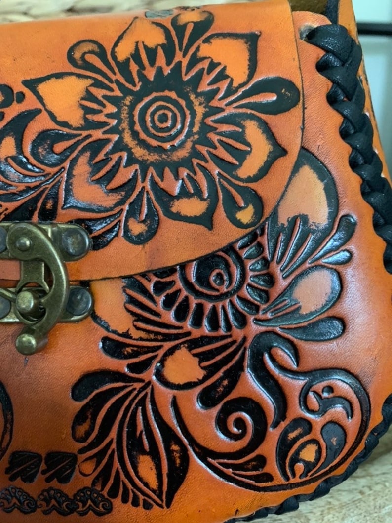 Hand-Tooled Leather Orange Floral Purse, Handmade Mexican Bag, Artesanal image 3