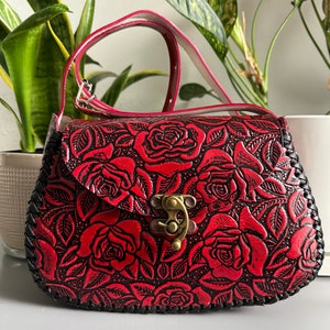 Leather Hand-Tooled Embossed Mexican Floral Handbag, Handmade Rose Purse, Artesanal Bag