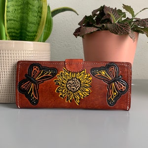 Hand Tooled Leather Wallet, Genuine Handmade Artisan Leather Sunflower and Butterfly Wallet, Mexican Moderno De Piel image 4
