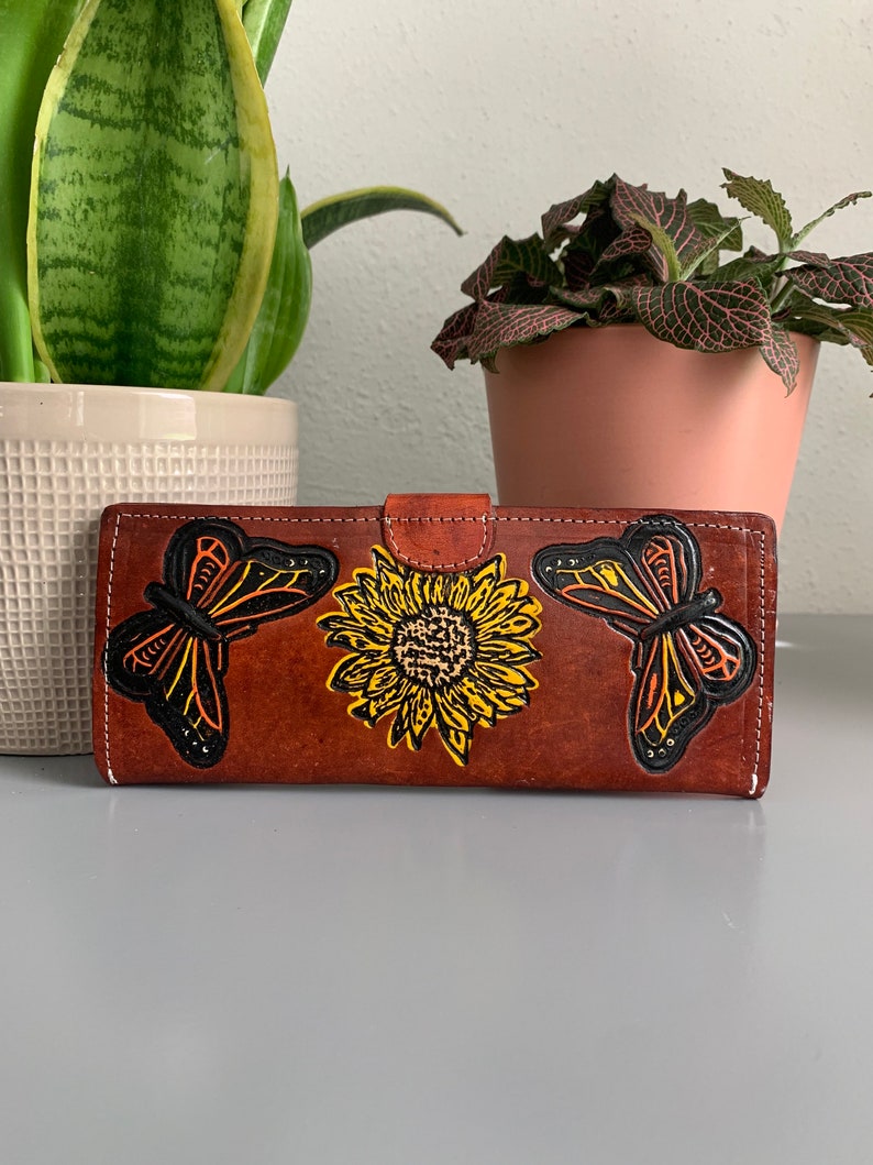 Hand Tooled Leather Wallet, Genuine Handmade Artisan Leather Sunflower and Butterfly Wallet, Mexican Moderno De Piel image 4