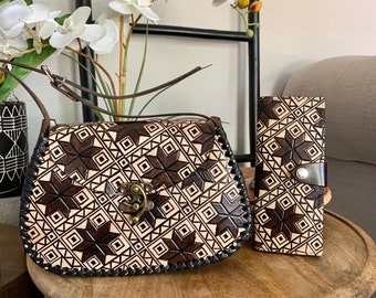 Sac à main floral mexicain en cuir repoussé à la main et portefeuille assorti, sac à main Pointsetta fait main, sac artisanal, cadeau de Noël pour elle