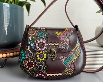 Hand-tooled Leather Hummingbird Purse, Handmade Mexican Bag, Bolsa