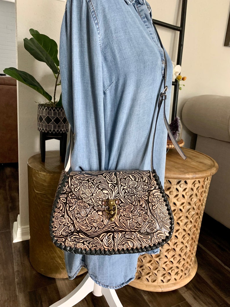 Leather Hand-Tooled Embossed Mexican Floral Handbag, Handmade Rose Purse, Artesanal Bag image 7