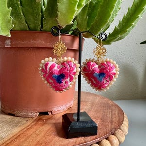 Embroidered Heart Earrings, Traditional Mexican Earrings, Filigree Earrings, Artesania MexicanaFiligrana, Valentines, Mothers Day Gift