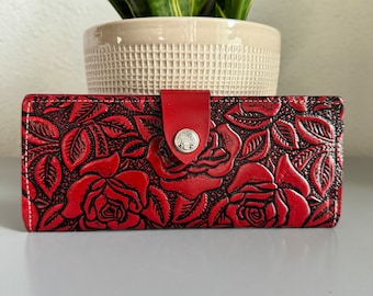 Cartera de cuero con herramientas a mano, cartera rosa de cuero artesanal genuina hecha a mano, cuero mexicano Moderno