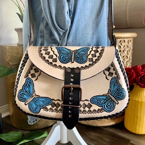 Leather Hand-Tooled Embossed Mexican Butterfly Purse / Handmade Bag / Artesanal