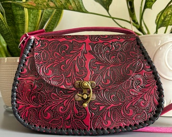Leather Hand-Tooled Embossed Mexican Floral Handbag, Handmade Floral Rose Purse, Artesanal Bag