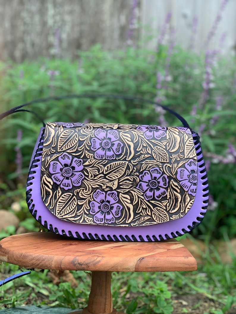 Leather Hand-Tooled Crossbody Handbag, Embossed Mexican Leather Purse, Bolsa de Piel Mexicana, Bolsa Artesanal, Handstitched Leather Bag image 2