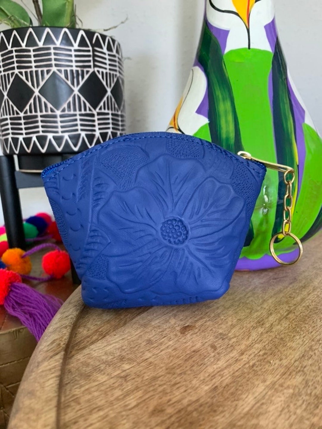 Coin Pouch Keychain Hand Tooled Genuine Leather Wallet Etsy