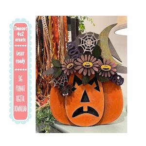 Halloween Pumpkin Scared Face SVG File, Spider & Flowers (Digital)
