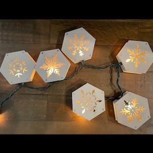 May include: A string of white hexagon-shaped lights with snowflake cutouts. The lights are strung together with green wire and emit a warm glow.