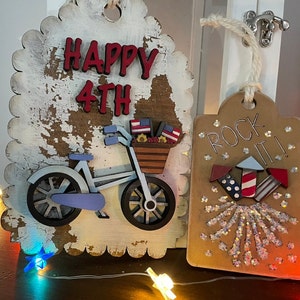 Three 4th July tags and picture svg glowforge download file with truck,bike and rocket tags and farm style fireworks pic for the 4th of July