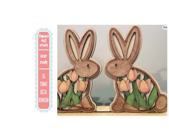 kaninchen und tulpen glowforge svg datei. Dies hat zwei Hasen und einen Ständer, um sie auf Ihren Tisch zu stellen. Die Häschen können auf viele verschiedene Arten bemalt werden