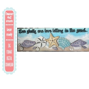 May include: A rectangular wooden sign with a beach theme. It features various seashells, a starfish, and the text "Sea shells are love letters in the sand..." in a cursive font. The background is painted with blue and white hues.