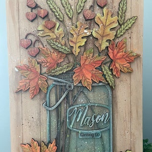Fall leaves Mason Jar Floral picture svg digital download size 17  x 11 wall decor and detailed scoring to enhances the picture immensely