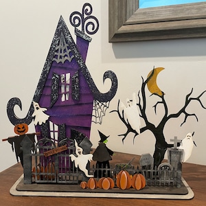 Halloween Haunted Scene svg digital download stand 15 inches high this display is fun to create for Halloween and the base is 14 inches long
